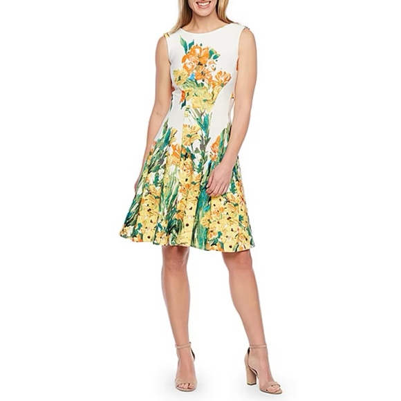 Floral Sleeveless Dress in White and Yellow - Picture 1 of 15